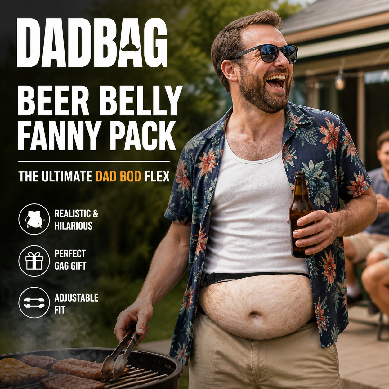 🥳Dadbag | Realistischer Fake-Bierbauch | Lustige Bauchtasche für Männer | Witziges Geschenk mit Bauchnabel und behaarter Brust | Verstellbarer schwarzer Riemen