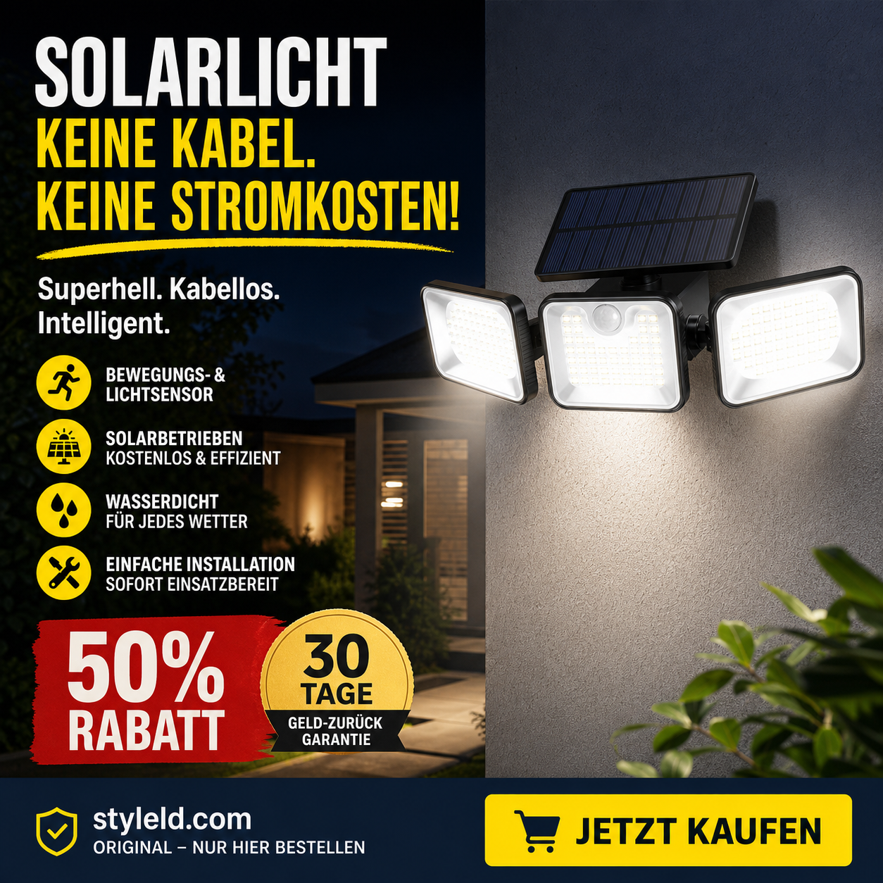☀️🔋 LIMITIERTES ANGEBOT: 50% RABATT – 3-Kopf Solar-Sicherheitsleuchte mit Bewegungsmelder, 360° einstellbar & wetterfest 💡🏠 Perfekt für Einfahrt, Garage & Garten – Keine Stromkosten, automatische Aktivierung bei Dunkelheit.