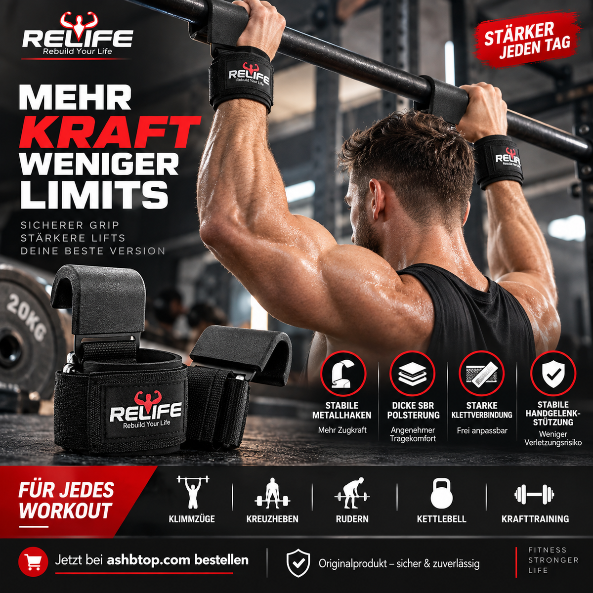RELIFESPORTS Verstellbare Gewichtheber Handgelenkbänder (Paar) – Professionelle Wrist Straps & Lifting Grips für Krafttraining, Deadlifts, Klimmzüge und Fitnessstudio, Stabiler Handgelenkschutz für Damen und Herren