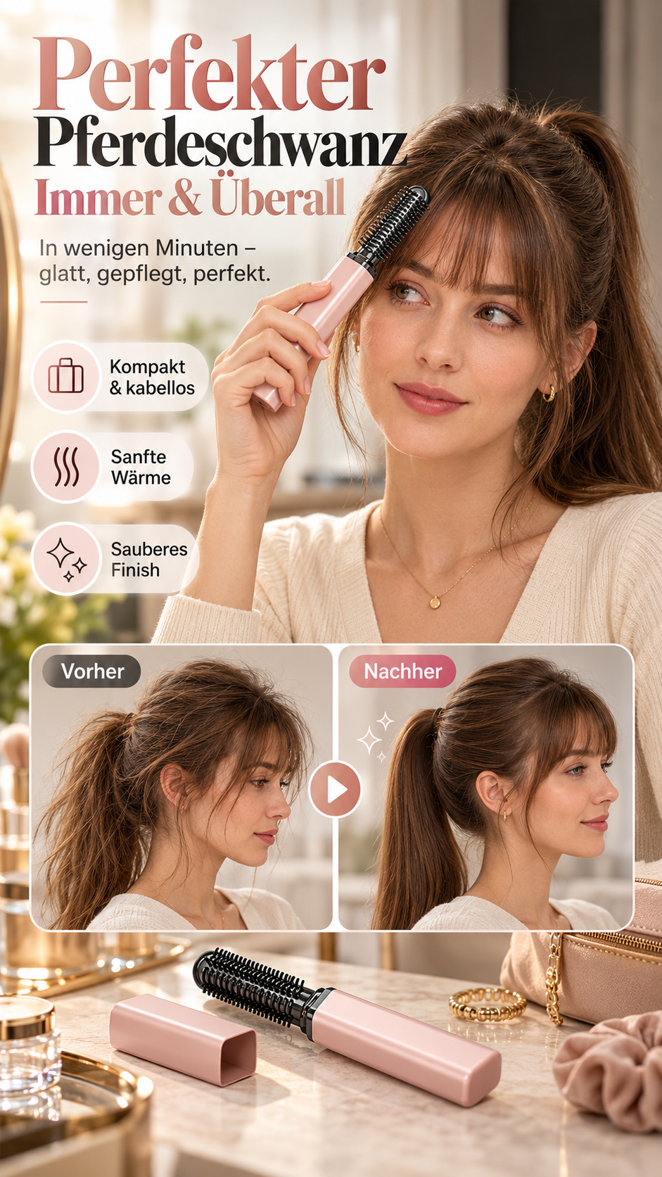🏆 Letzter Tag: 50 % Rabatt! 👩 Stylen Sie Ihr Haar in Sekundenschnelle! Kreieren Sie jederzeit und überall wunderschöne Frisuren. 💁 Tragbarer, kabelloser Mini-Ponykamm