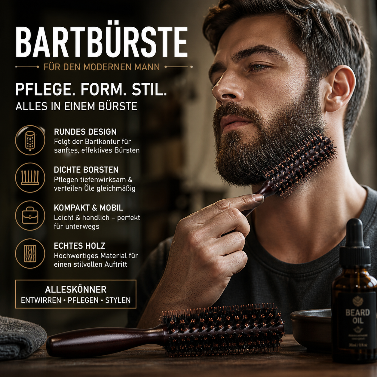 🧔50% RABATT⏰Viking‑Bartbürste, handlich hochdichte Borsten, ideale Bartpflege für Männer✨