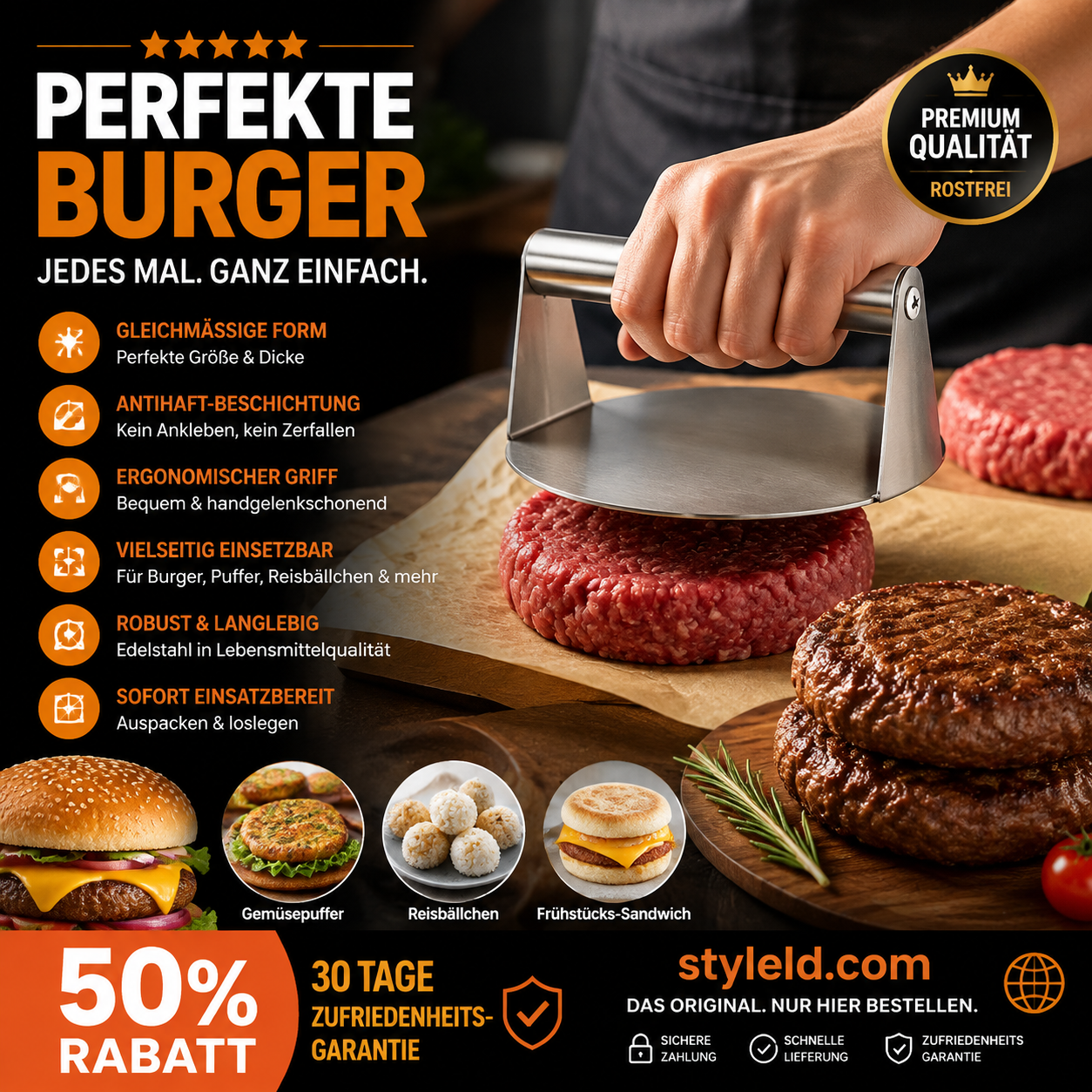 🍔🛡️ Burgerpresse – antihaft, langlebig & einfach zu reinigen – perfekte Patties! 🌟