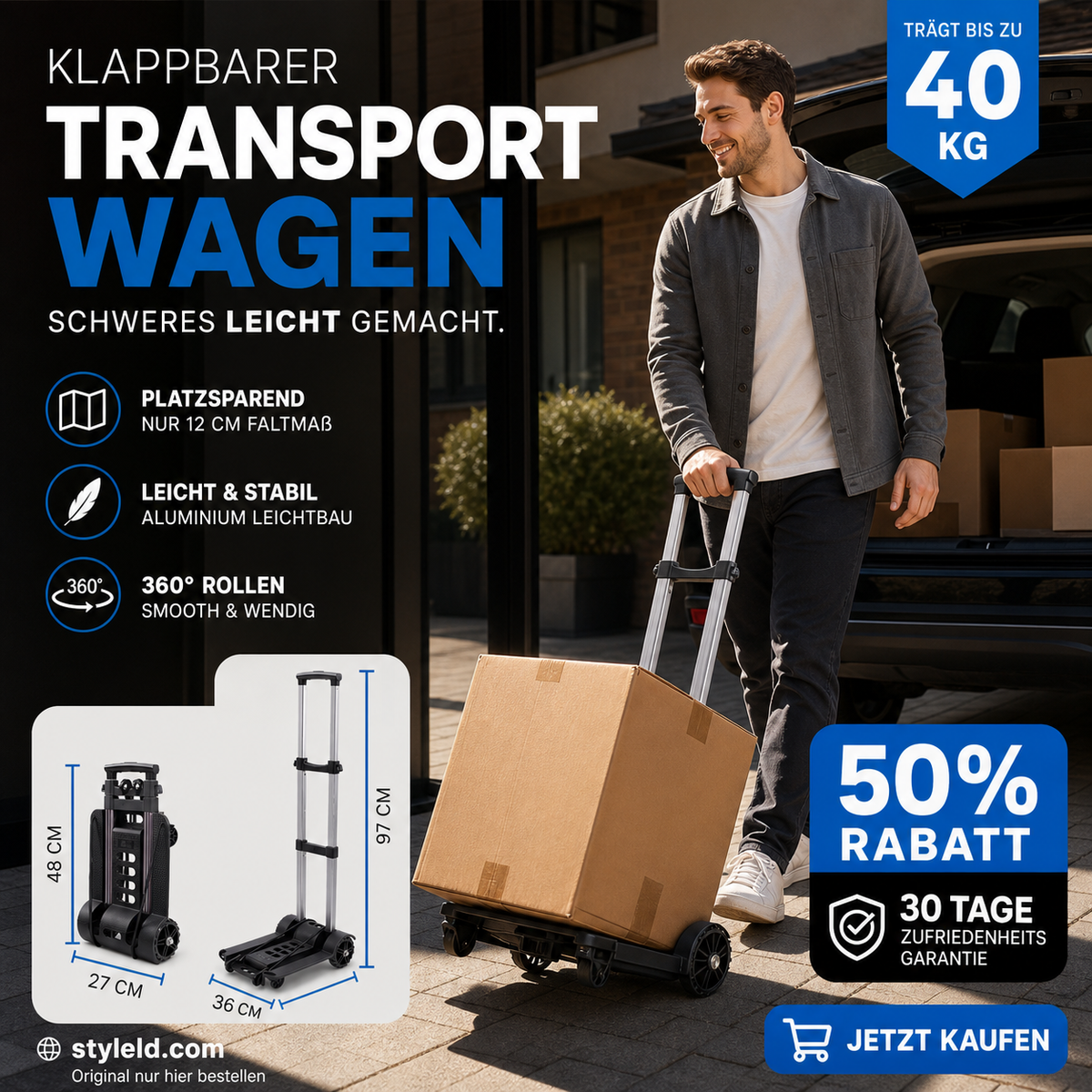 🛒📦 Klappbarer Handwagen – 40 kg, leicht, platzsparend – ideal für Umzug, Einkauf & Werkstatt! 💪