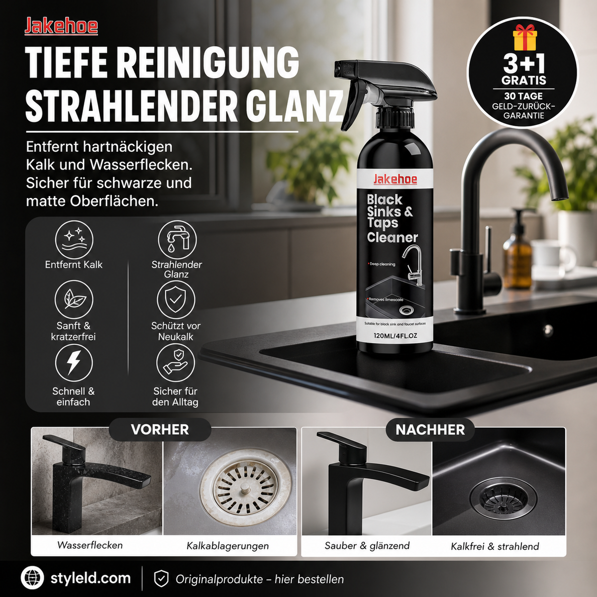🚿🔥Spray für schwarze Waschbecken und Wasserhähne, Spray zur Entfernung hartnäckiger Wasserflecken