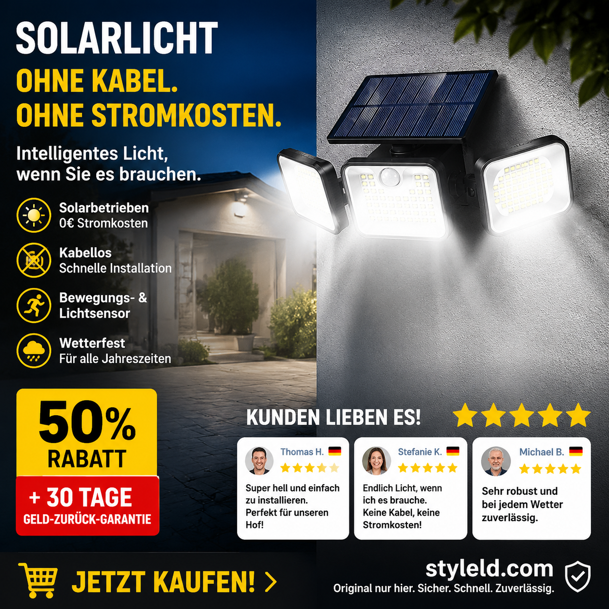 ☀️🔋 LIMITIERTES ANGEBOT: 50% RABATT – 3-Kopf Solar-Sicherheitsleuchte mit Bewegungsmelder, 360° einstellbar & wetterfest 💡🏠 Perfekt für Einfahrt, Garage & Garten – Keine Stromkosten, automatische Aktivierung bei Dunkelheit.