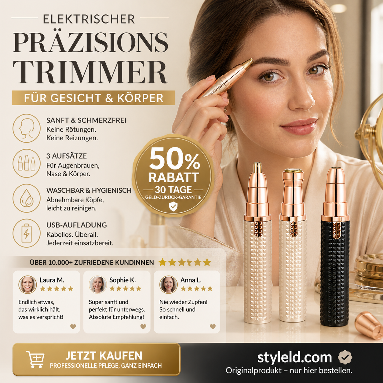 💆 LIMITIERTER 50% RABATT! 3-in-1 wiederaufladbarer Elektrischer Trimmer – Für Augenbrauen, Nasenhaare & Gesichtsbehaarung, USB-Ladung
