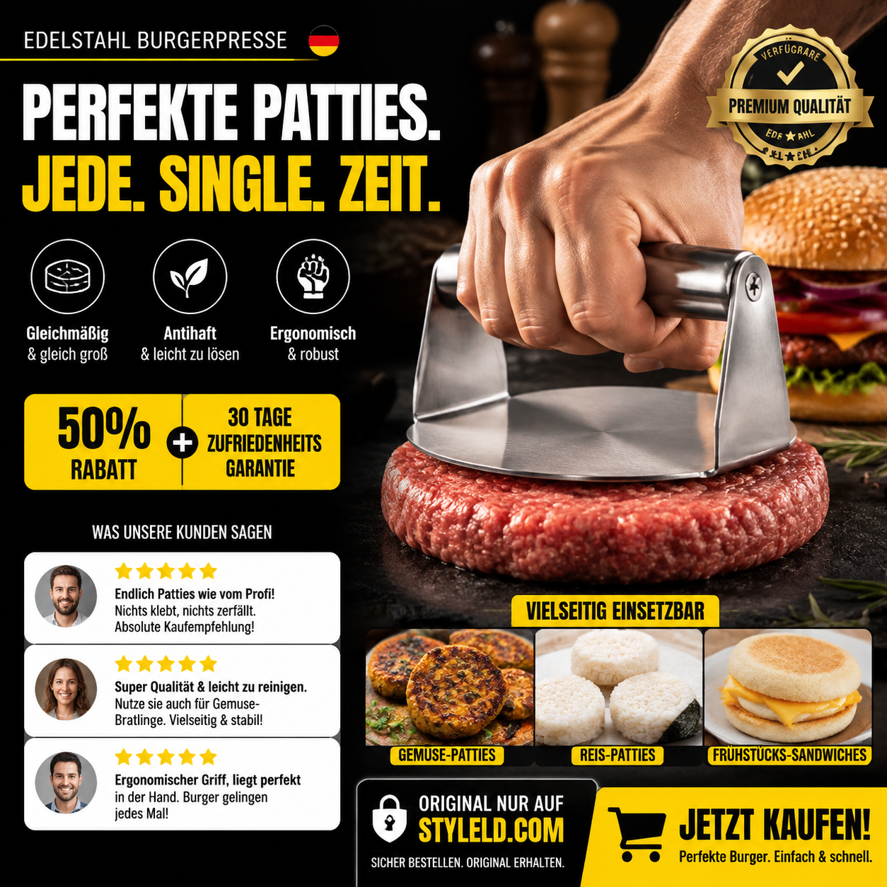 🍔🛡️ Burgerpresse – antihaft, langlebig & einfach zu reinigen – perfekte Patties! 🌟