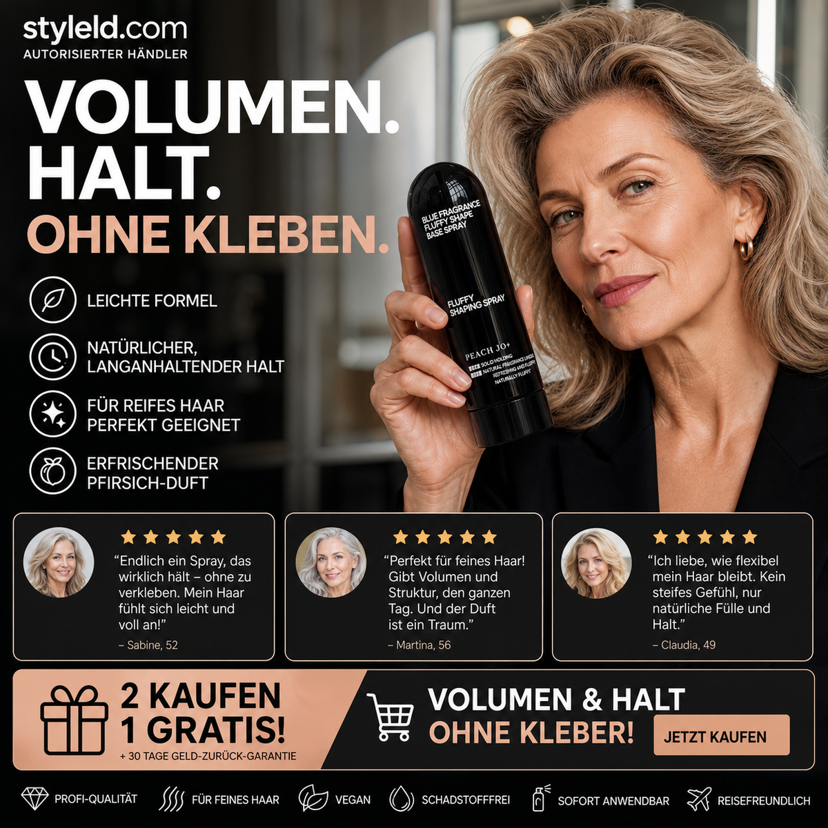 🍑✨Haar‑Volumen‑Spray mit Pfirsichduft, langanhaltend, gibt mehr Fülle, leichtes Styling‑Spray für glattes, flaches Haar
