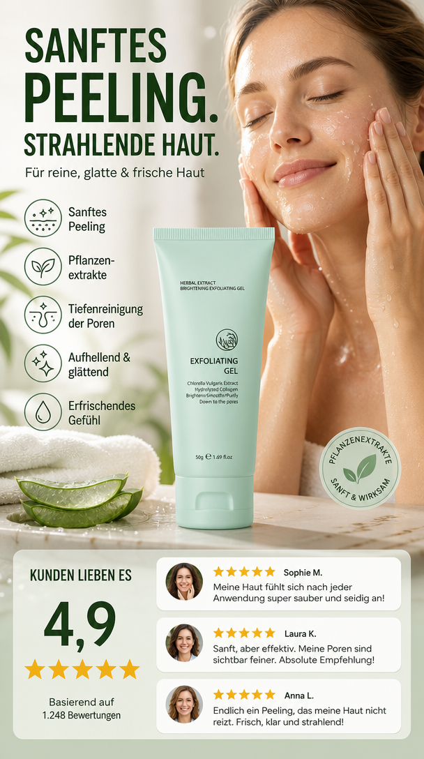 Kräuter-Exfoliating Gel mit Chlorella & Kollagen – Aufhellendes Peeling für glatte, reine Haut