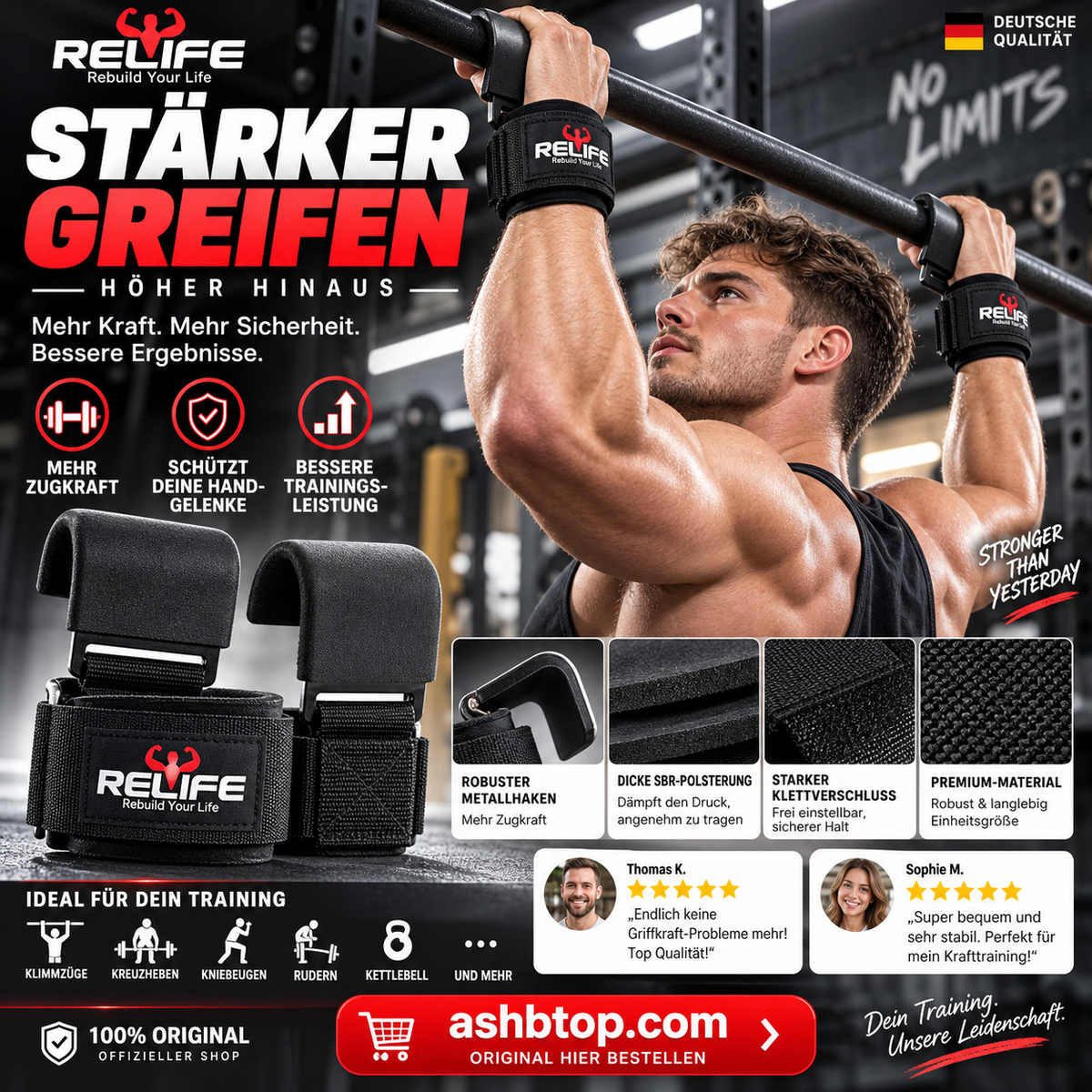 RELIFESPORTS Verstellbare Gewichtheber Handgelenkbänder (Paar) – Professionelle Wrist Straps & Lifting Grips für Krafttraining, Deadlifts, Klimmzüge und Fitnessstudio, Stabiler Handgelenkschutz für Damen und Herren