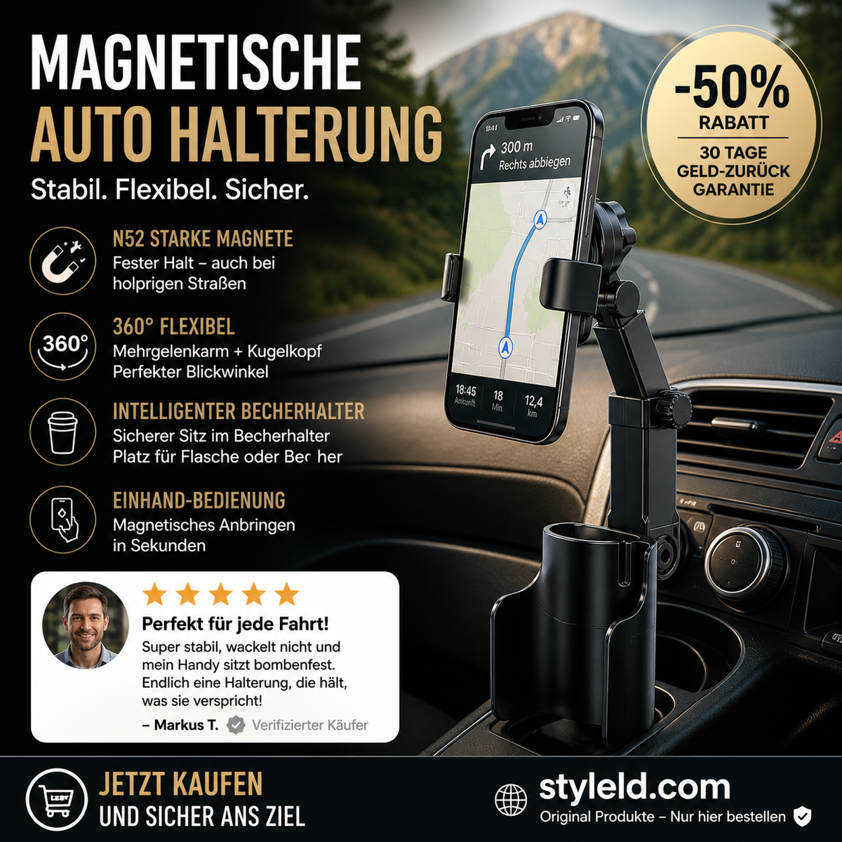 Auto-Getränkehalter-Telefonhalterung – 360° verstellbar, starker N52-Magnet, Einhandbedienung, passend für alle Telefone, stabile Magnet- und Klemmmodelle für sicheres Fahren