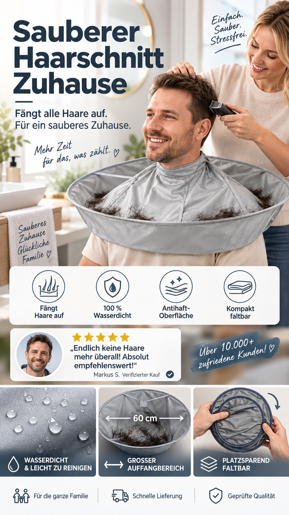 Atmungsaktiver Haarschneidecape – Integrierte Rille für saubere Schnitte, wasserdichte Oberfläche & antistatisches Gewebe für stressfreie Haarschnitte zu Hause -Gcom