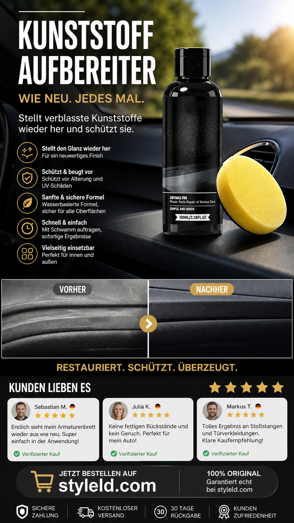 🚗✨ Kunststoffrestaurator für Autos – schnell, langanhaltend, UV-Schutz – verleiht Kunststoffteilen neuen Tiefenschwarz-Glanz! 💪