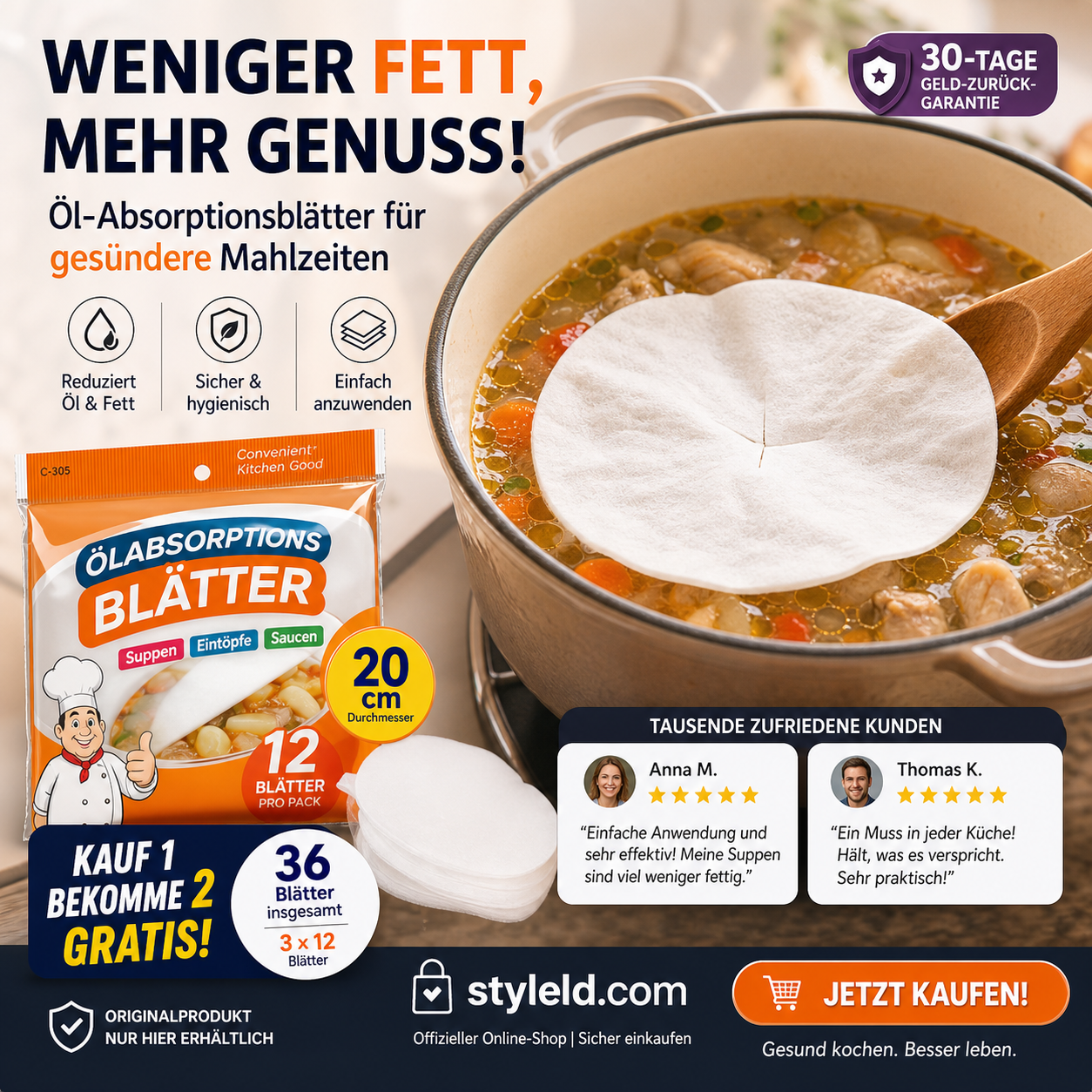 🍳💧 Öl-Fett-Absorber – 12 Blätter, saugt überschüssiges Fett auf – für leichtere Mahlzeiten! 🌿