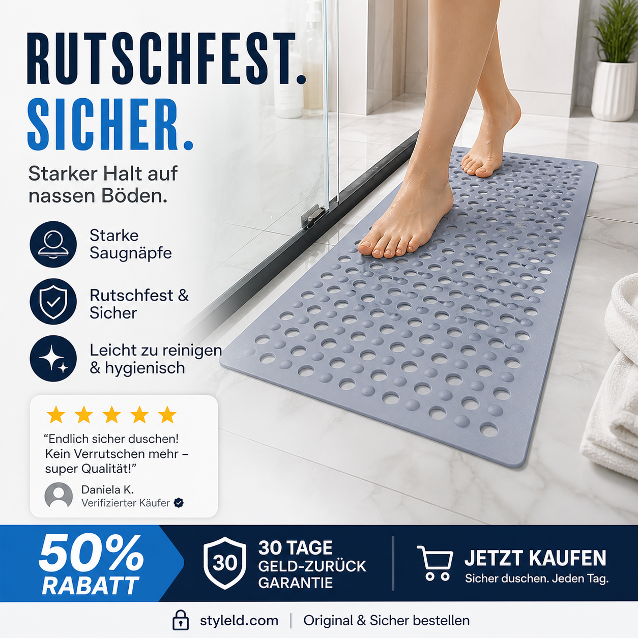 🚿 50% RABATT! 🛁 Rutschfeste Badezimmermatte mit Saugnäpfen – Ideal Für Dusche, Bad & WC, Schützt Vor Stürzen & Leicht Zu Reinigen 🧼