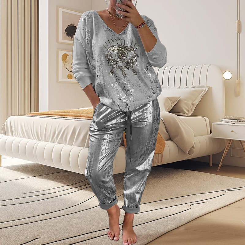 👁️‍🗨️49% Rabatt 🌷2-teiliges Damen-Set: Devil's Eye Goldfolien-Oberteil und Pailletten-Hosen-Set