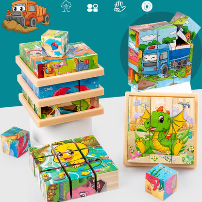 9-teiliges 3D-Würfelpuzzle-Set aus Holz mit sechsseitigen Bildern