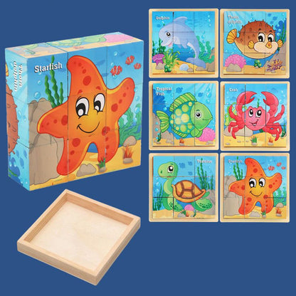 9-teiliges 3D-Würfelpuzzle-Set aus Holz mit sechsseitigen Bildern