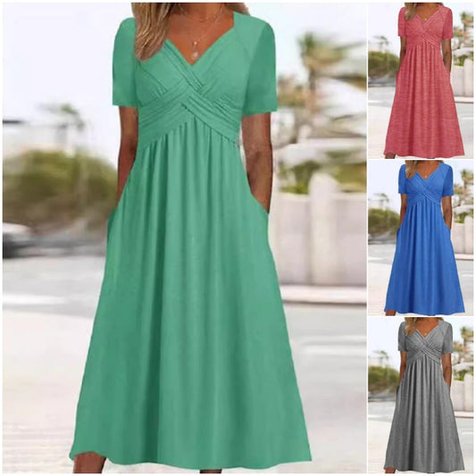 ⏰ Nur noch heute 50% Rabatt! 👗 Damen Midikleid mit V-Ausschnitt & kurzen Ärmeln, geraffter Taile, praktische Taschen, fließender weicher Stoff in 4 Farben für Alltag, Urlaub & Café ✨