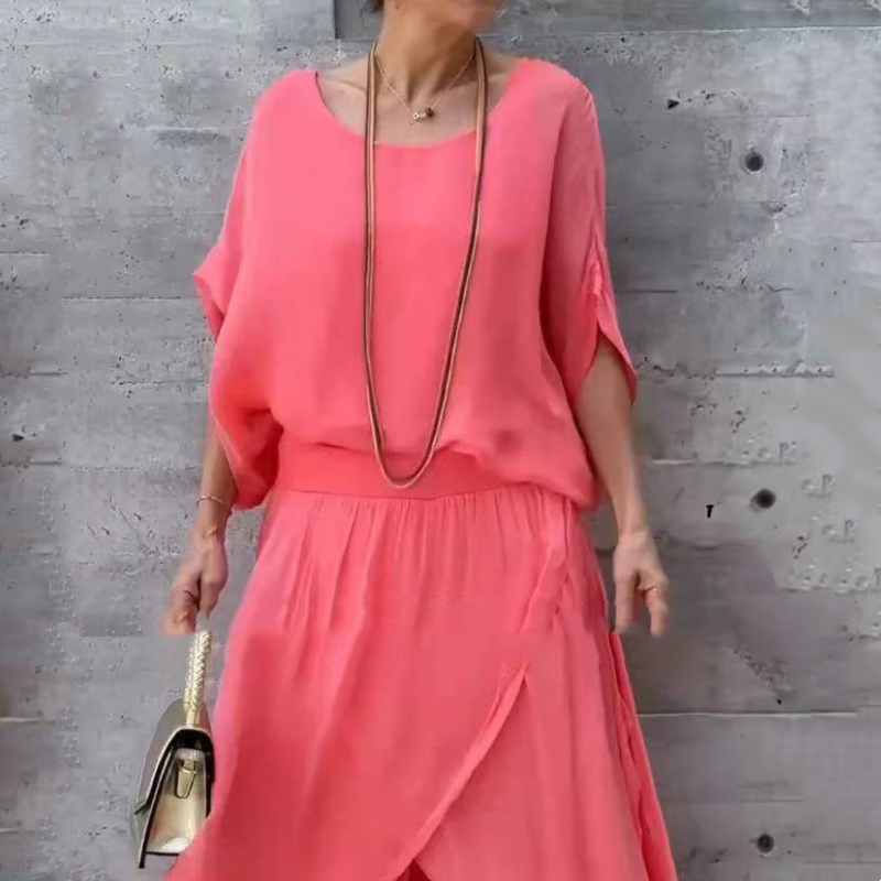 💗2-teiliges Set aus Chiffon mit lockerem Oberteil und weiten Schlitzhosen