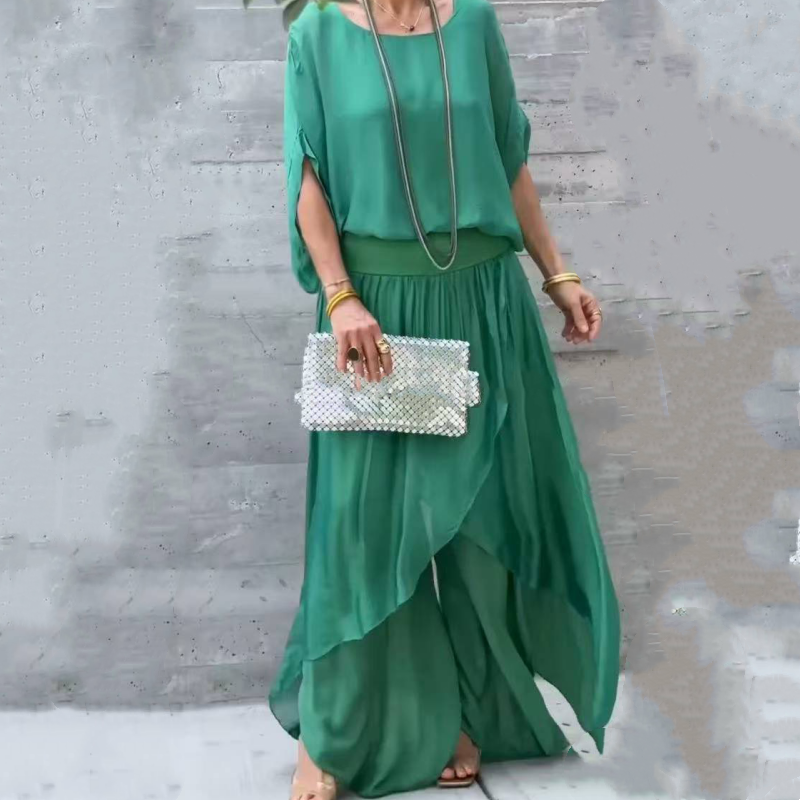 💗2-teiliges Set aus Chiffon mit lockerem Oberteil und weiten Schlitzhosen