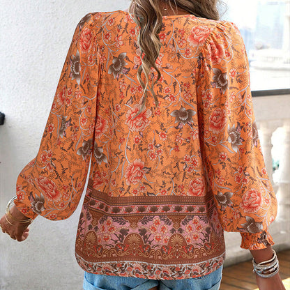 🌷Frühling Vorverkauf 50% Rabatt🍃Damenmode bedrucktes Langarmshirt mit V-Ausschnitt