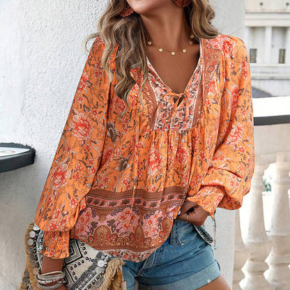 🌷Frühling Vorverkauf 50% Rabatt🍃Damenmode bedrucktes Langarmshirt mit V-Ausschnitt