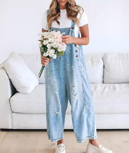 ❤️SOMMERANGEBOT - 50% RABATT❤️Süße Damen-Latzhose im Jumpsuit-Stil aus Destroyed Denim mit Knöpfen