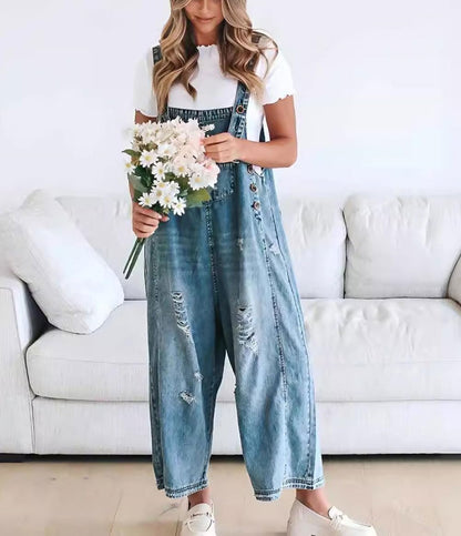 ❤️SOMMERANGEBOT - 50% RABATT❤️Süße Damen-Latzhose im Jumpsuit-Stil aus Destroyed Denim mit Knöpfen
