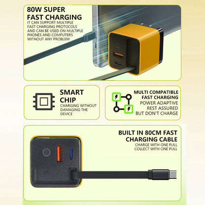 3-in-1-GaN-Ladegerät, 80 W MAX skalierbares Schnelllademodul mit Typ-C-Kabel und 2 USB-Anschlüssen
