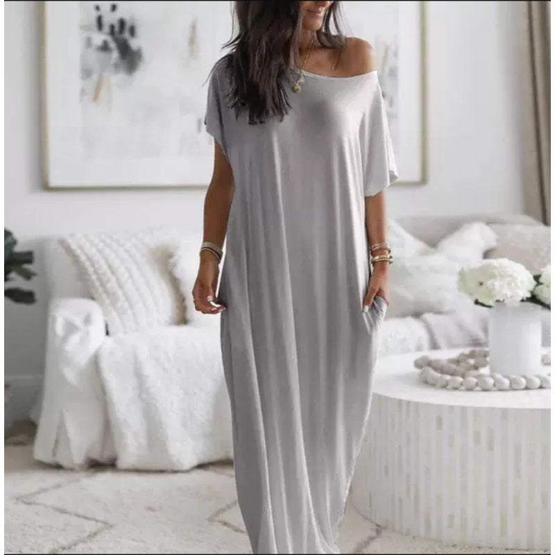 Langes Sommerkleid für Damen – Lässig, Locker, Einfarbig, Kurzärmelig