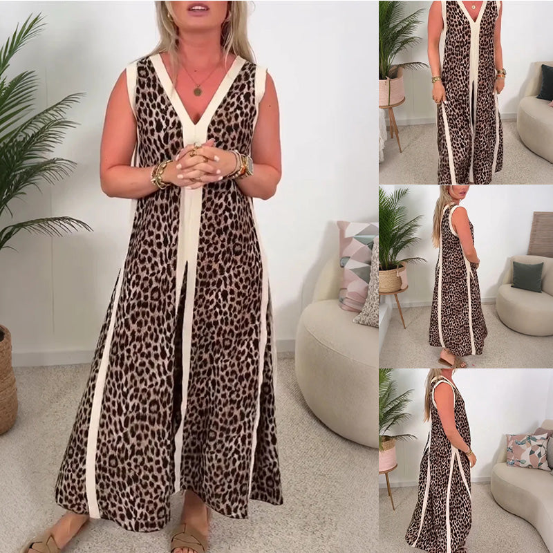 Damen ärmelloses Maxikleid mit Leopardenmuster, V-Ausschnitt und Zierschlitz