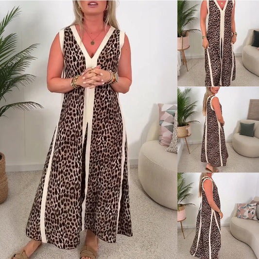 Damen ärmelloses Maxikleid mit Leopardenmuster, V-Ausschnitt und Zierschlitz