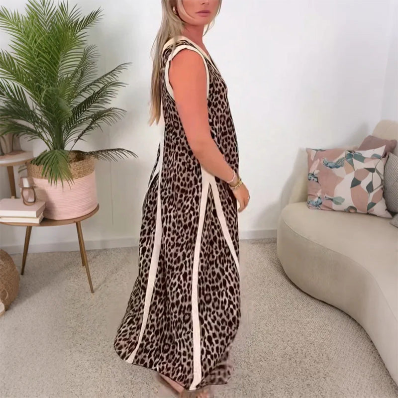 Damen ärmelloses Maxikleid mit Leopardenmuster, V-Ausschnitt und Zierschlitz