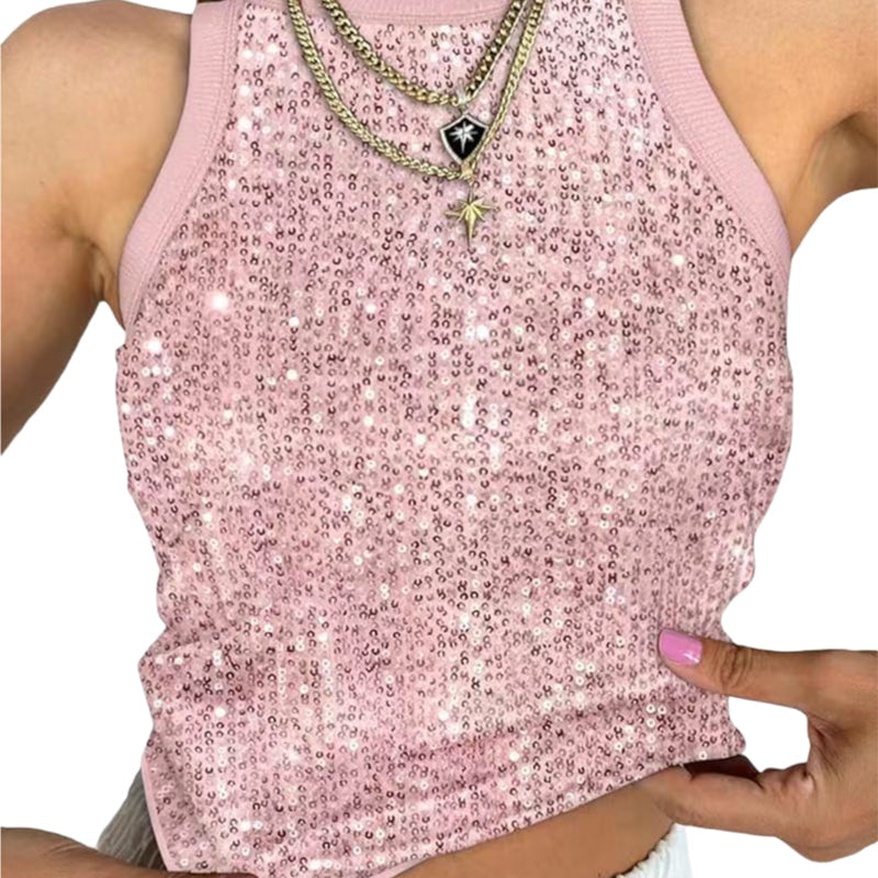 🔥🩱Slim Fit Tanktop mit Pailletten und Rundhalsausschnitt