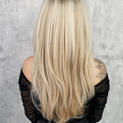 16-Zoll-Ombre-Blond-Spitzenfrontperücken für Frauen, wunderschöne flauschige Perücken mit stumpfem Pony, synthetische Perücken für Partys und den täglichen Gebrauch