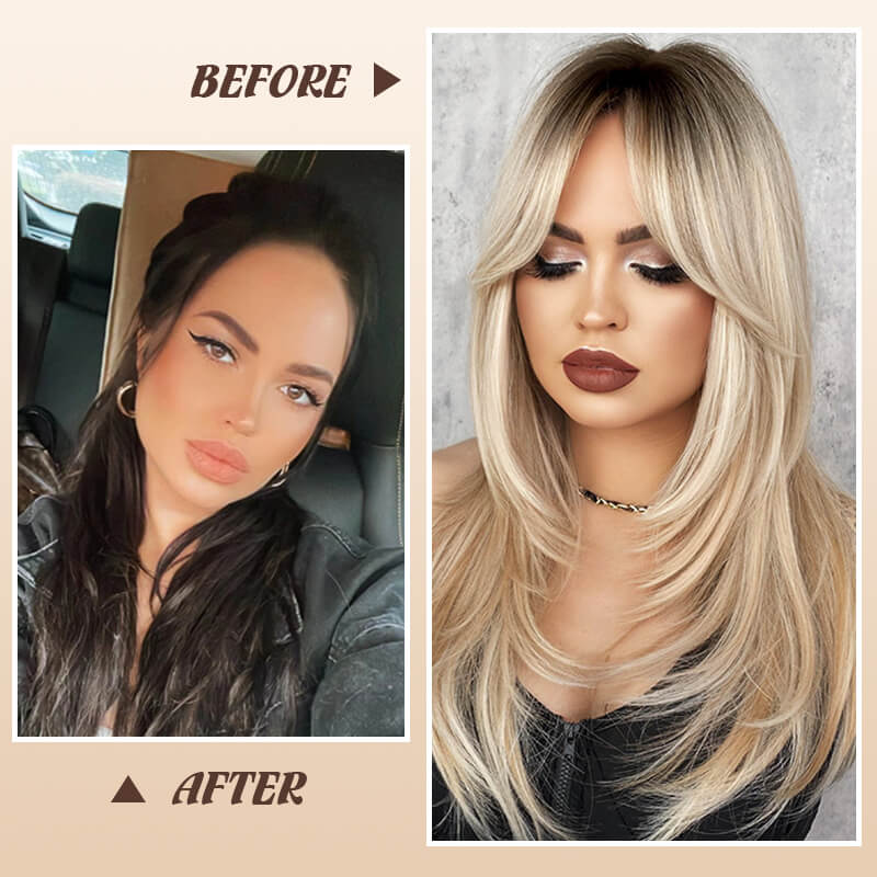 16-Zoll-Ombre-Blond-Spitzenfrontperücken für Frauen, wunderschöne flauschige Perücken mit stumpfem Pony, synthetische Perücken für Partys und den täglichen Gebrauch