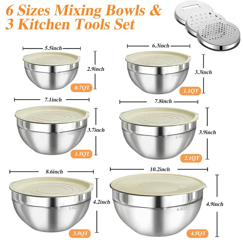 🔪🥣 Edelstahl-Schüsseln Set 6-teilig + 3 Raspelaufsätze 🧀🥕 50% Rabatt Spezialangebot – Vielseitige Küchenhelfer zum Zerkleinern, Mixen & Aufbewahren – Platzsparend & langlebig für den täglichen Gebrauch