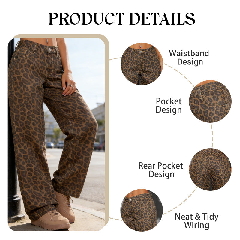 Damen-Jeans mit weitem Bein und hohem Bund und Leopardenmuster