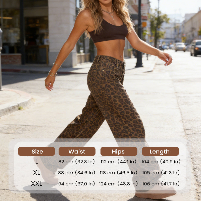 Damen-Jeans mit weitem Bein und hohem Bund und Leopardenmuster