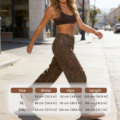 Damen-Jeans mit weitem Bein und hohem Bund und Leopardenmuster