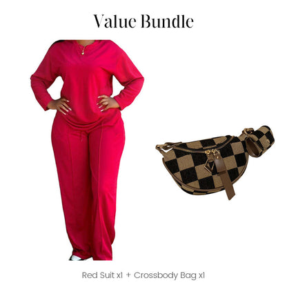 2-teiliges Set aus langärmeligem Oberteil und weit geschnittener Hose für Dame