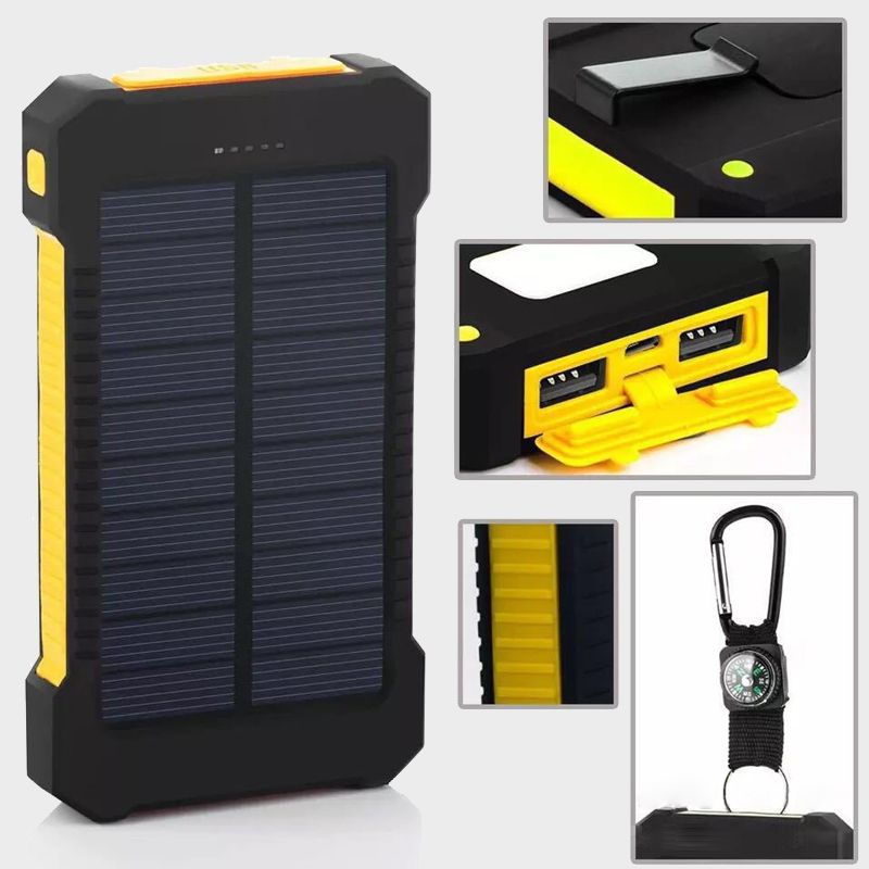 Sudrov 10000 mAh Solar-Ladegerät Powerbank Kabelloses Ladegerät Mit 4 integrierten Kabeln 7 Ausgänge 15 Watt Schnellladefunktion Powerbank für alle Mobilgeräte 3 Eingänge Tragbares Solar-Ladegerät mit zwei Taschenlampen, Karabinerhaken und Thermomete