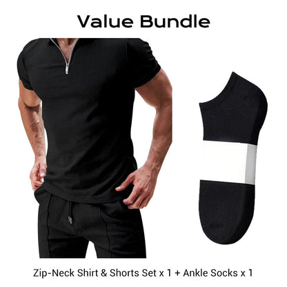 🌊☀️ Sommerliche Freizeit Kombination aus Kurzarm-Hemd mit Reißverschluss und Shorts 👕🩳 atmungsaktiv, schnelltrocknend & ideal für Urlaub und Garten