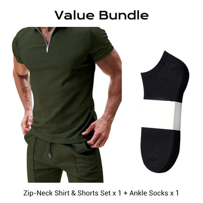 🌊☀️ Sommerliche Freizeit Kombination aus Kurzarm-Hemd mit Reißverschluss und Shorts 👕🩳 atmungsaktiv, schnelltrocknend & ideal für Urlaub und Garten