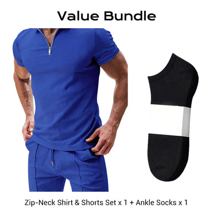 🌊☀️ Sommerliche Freizeit Kombination aus Kurzarm-Hemd mit Reißverschluss und Shorts 👕🩳 atmungsaktiv, schnelltrocknend & ideal für Urlaub und Garten