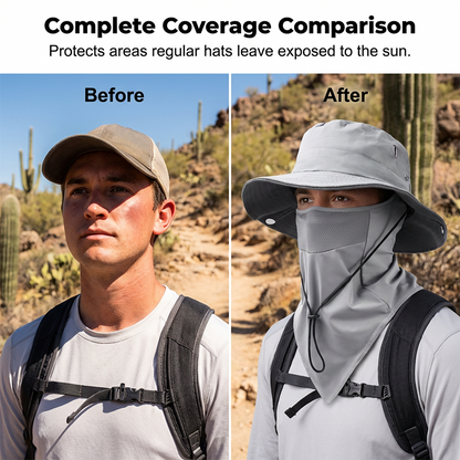 🥳2026 HEISSER VERKAUF🥳🌬️ 50 % RABATT! Atmungsaktive Fischerhut mit abnehmbarer Maske – 2-in-1-Design, Ice-Silk-Material sorgt für angenehme Kühle. Breite Krempe und Nackenschutz für 360°-Sonnenschutz. Verstellbarer Kinnriemen, windabweisend