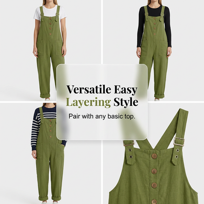 👖JETZT 50 % RABATT! 🌿 Lässige Damen-Latzhose mit Knopfleiste – Verstellbare Träger, atmungsaktives Material & bequeme Passform ✨
