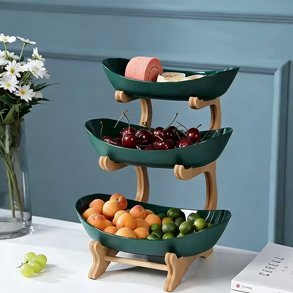 Dreistöckige Obstschale mit Holzständer