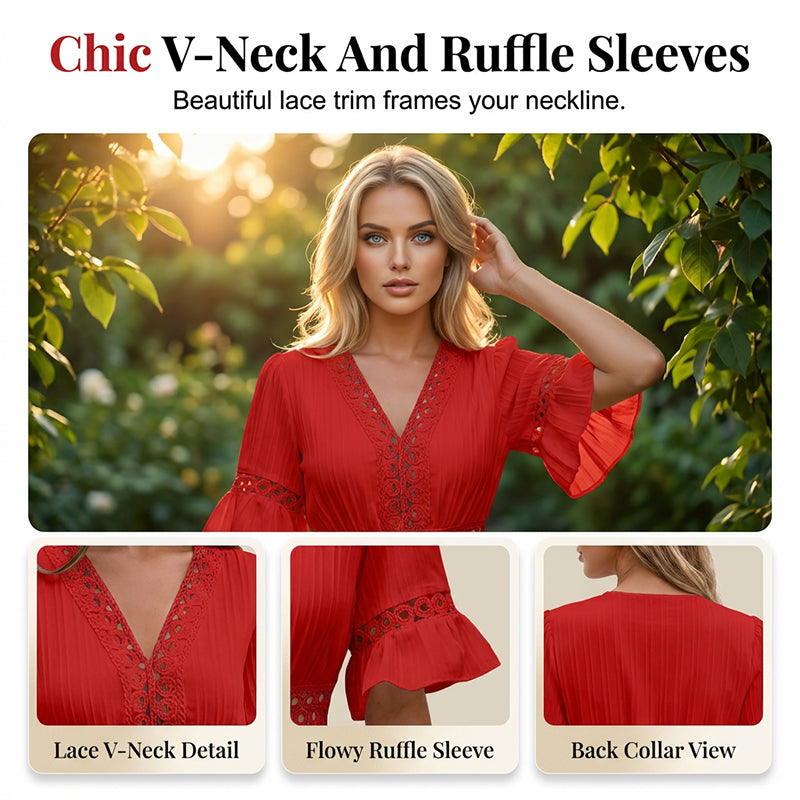 Schickes Kleid mit V-Ausschnitt und Spitzenausschnitten